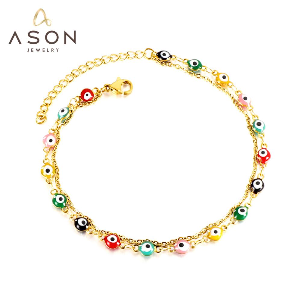 ASON Trendy Cat Eyes Mixed Color Accessories Multi-layer Chains Anklets Gold Color Stainless Steel For Women Jewelry Party asonjewelry